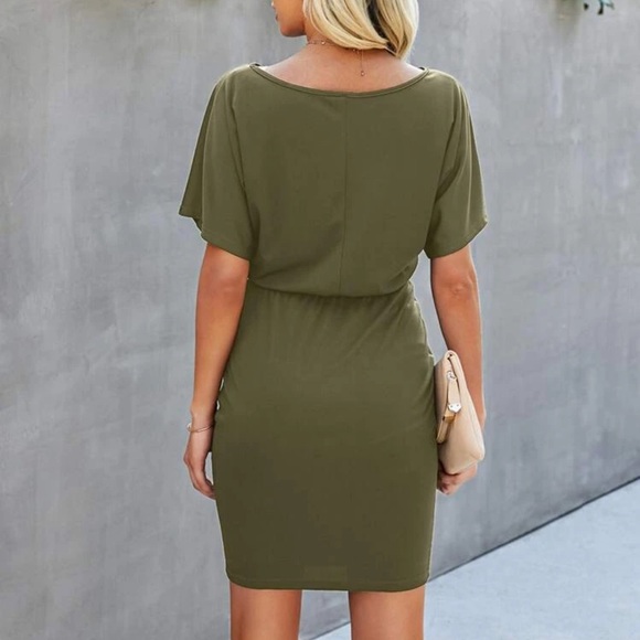 Burgundy Short sleeve belted batwing solid dress - Picture 13 of 14